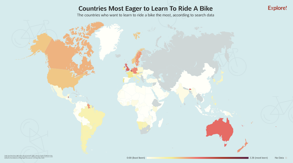 Map showing countries most eager to learn to ride a bike